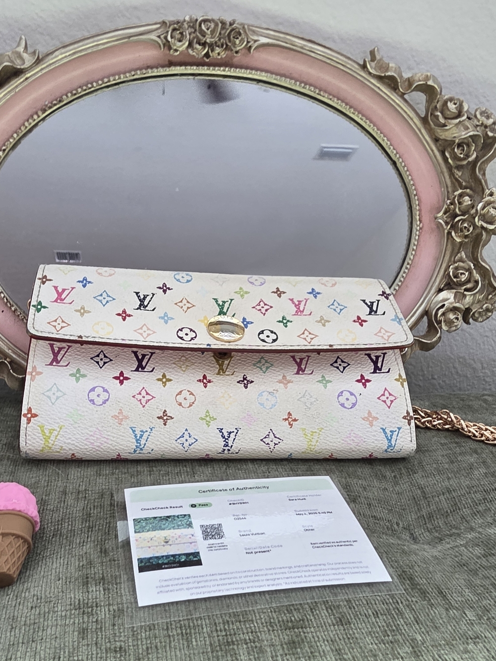 Louis Vuitton White Murakami Monogram Sarah Long Wallet on Chain